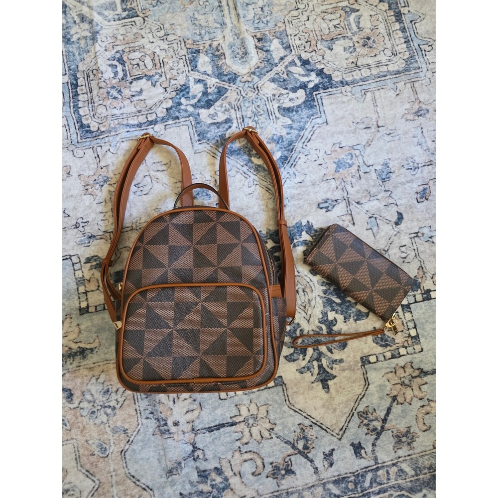 NWOT Mini Backpack Matching Wallet Bundle Geometric Brown Pattern Gold Hardware